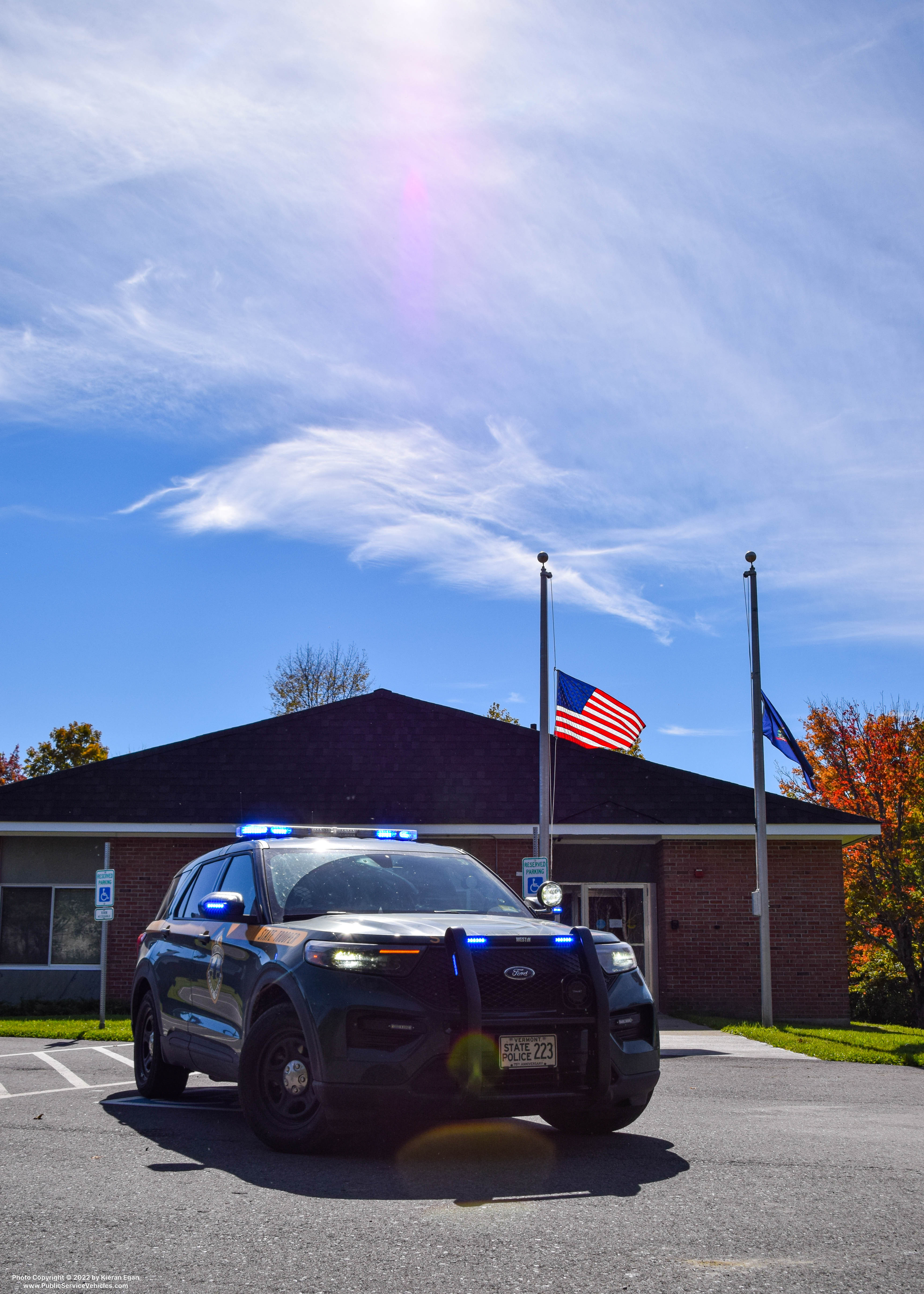 A photo  of Vermont State Police
            Cruiser 223, a 2020-2021 Ford Police Interceptor Utility             taken by Kieran Egan