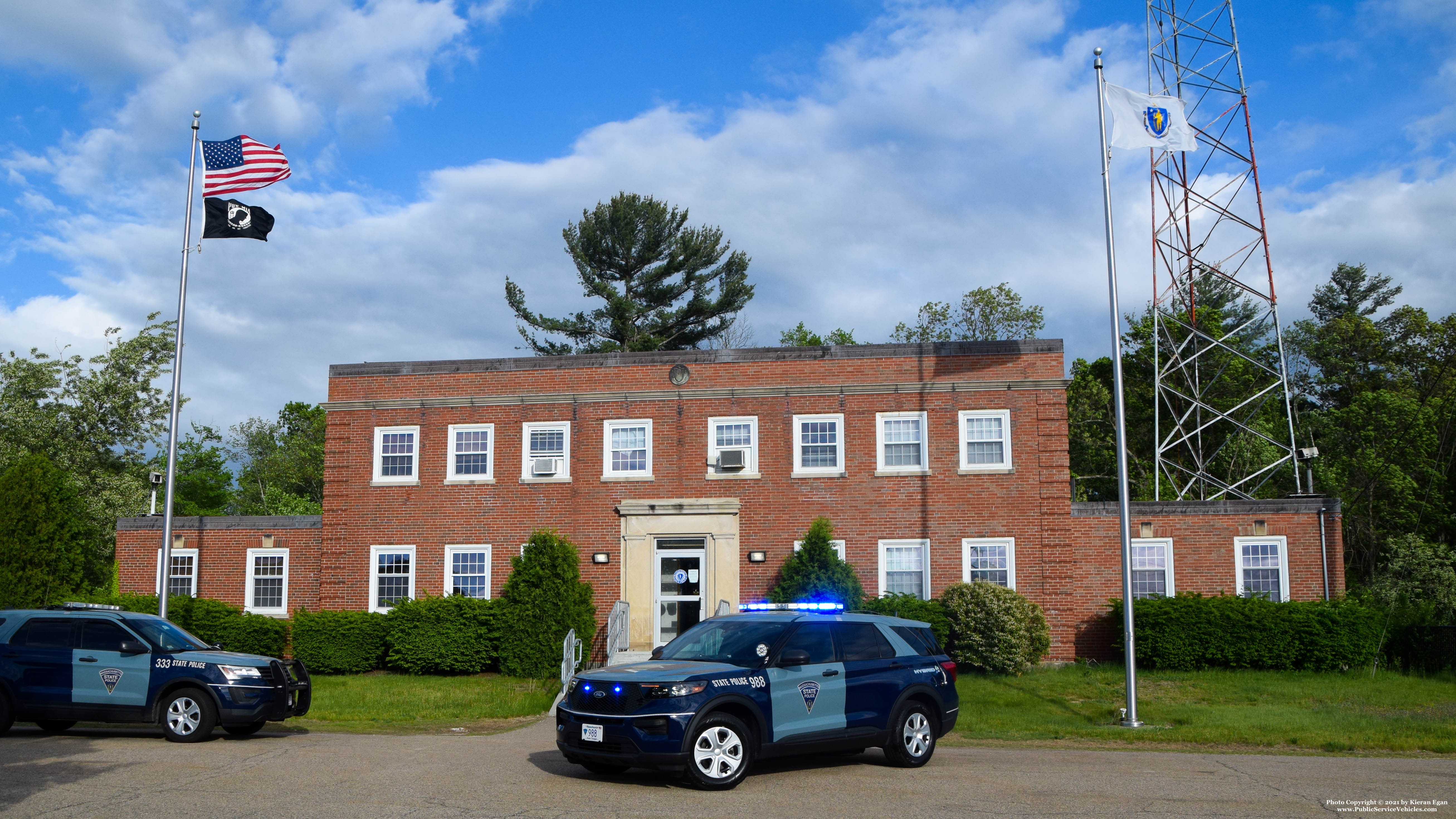 A photo  of Massachusetts State Police
            Cruiser 988, a 2020 Ford Police Interceptor Utility Hybrid             taken by Kieran Egan