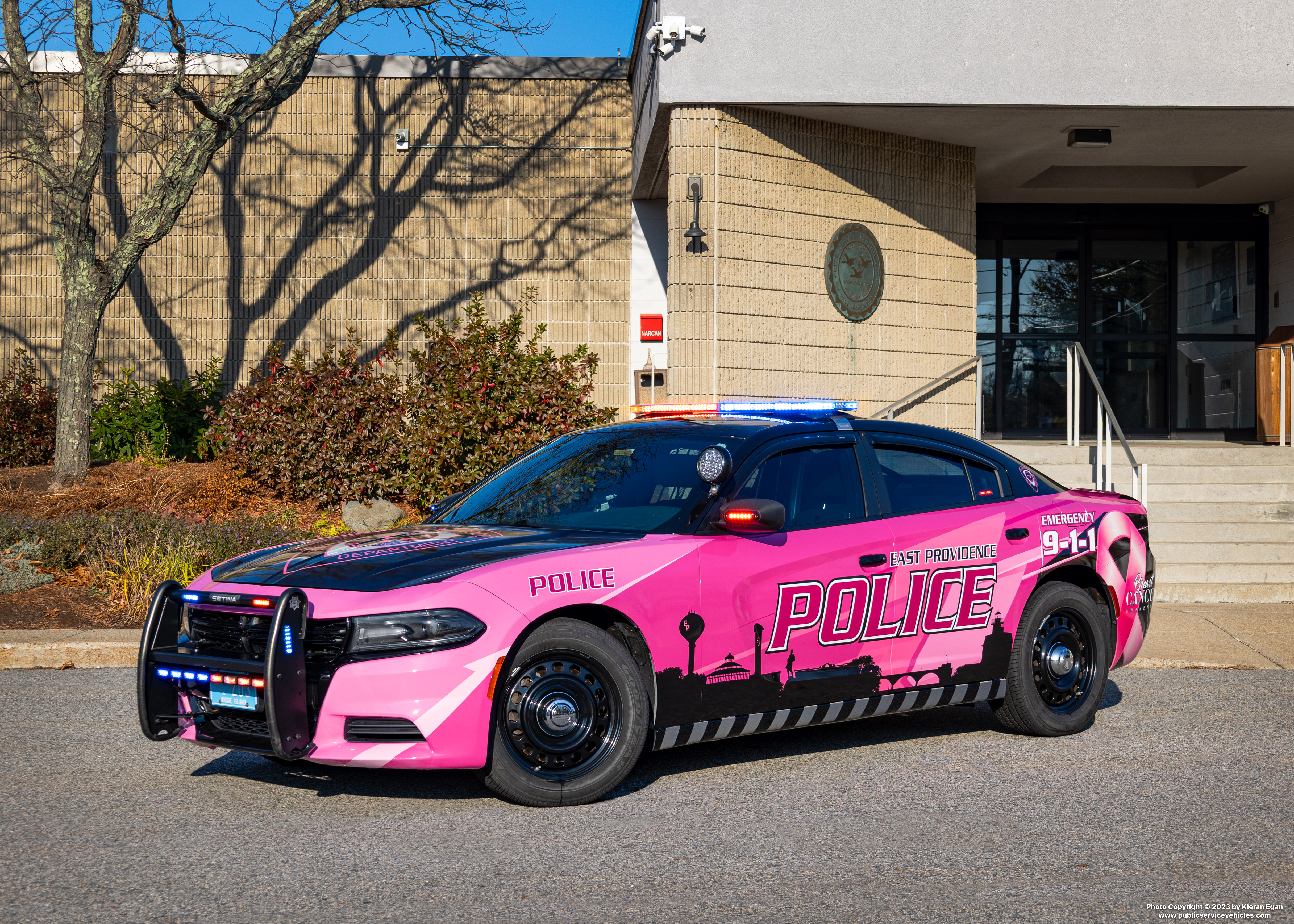 A photo  of East Providence Police
            Breast Cancer Awareness Unit, a 2019 Dodge Charger             taken by Kieran Egan