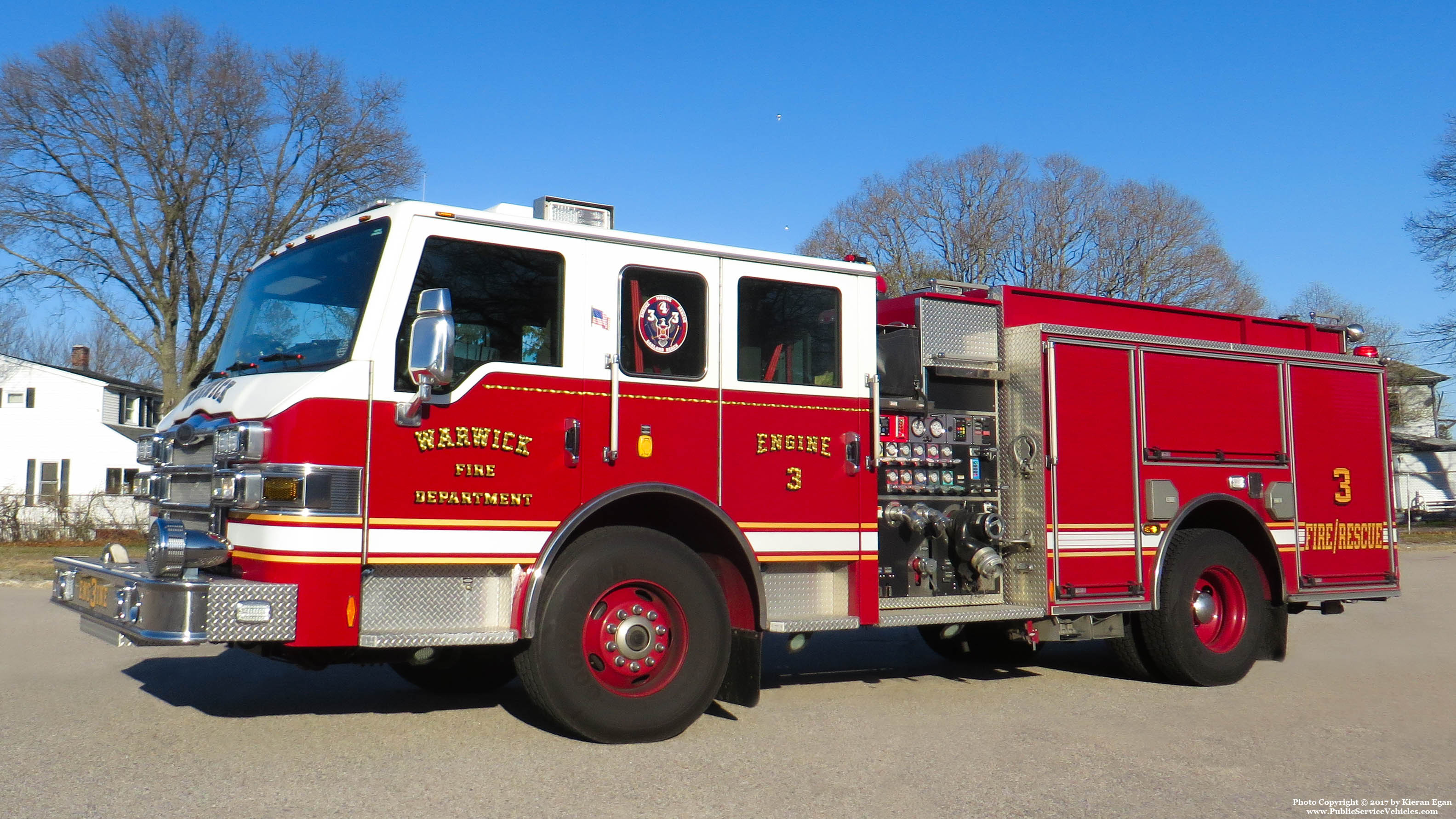 A photo  of Warwick Fire
            Engine 3, a 2011 Pierce Velocity “Big Block” Contender             taken by Kieran Egan