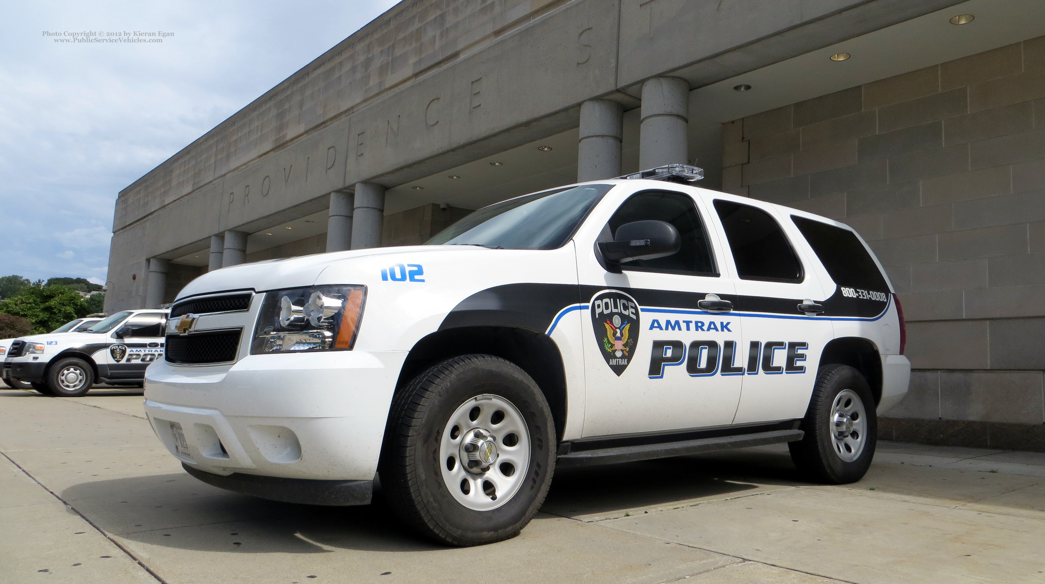 A photo  of Amtrak Police
            Cruiser 102, a 2012 Chevrolet Tahoe             taken by Kieran Egan