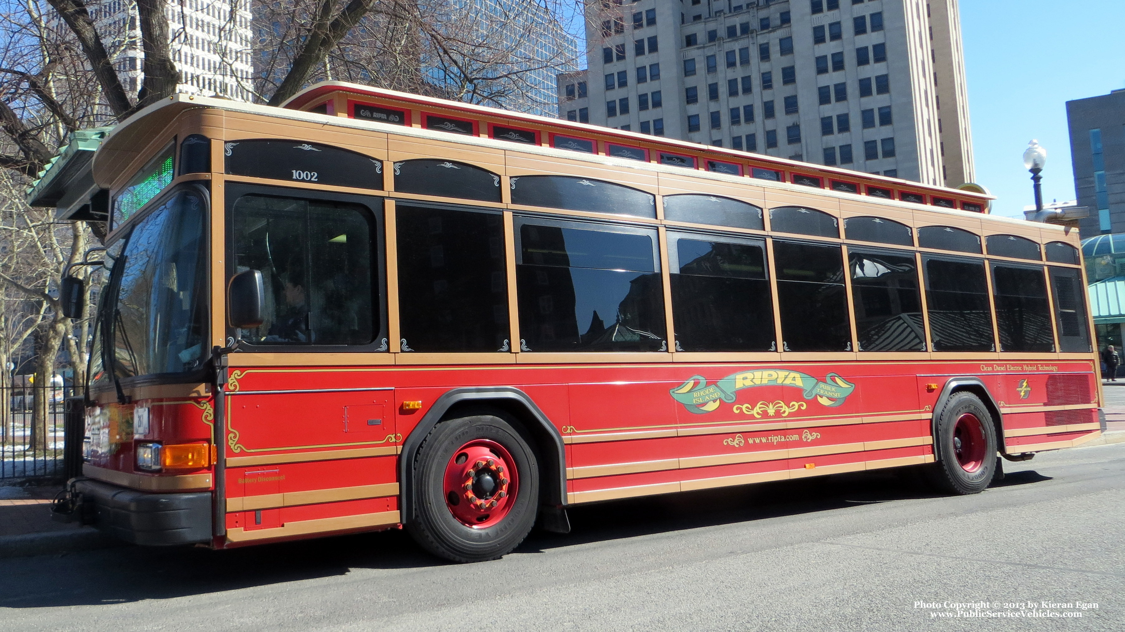 A photo  of Rhode Island Public Transit Authority
            Trolley 1002, a 2010 Gillig Low Floor Trolley Replica HEV             taken by Kieran Egan