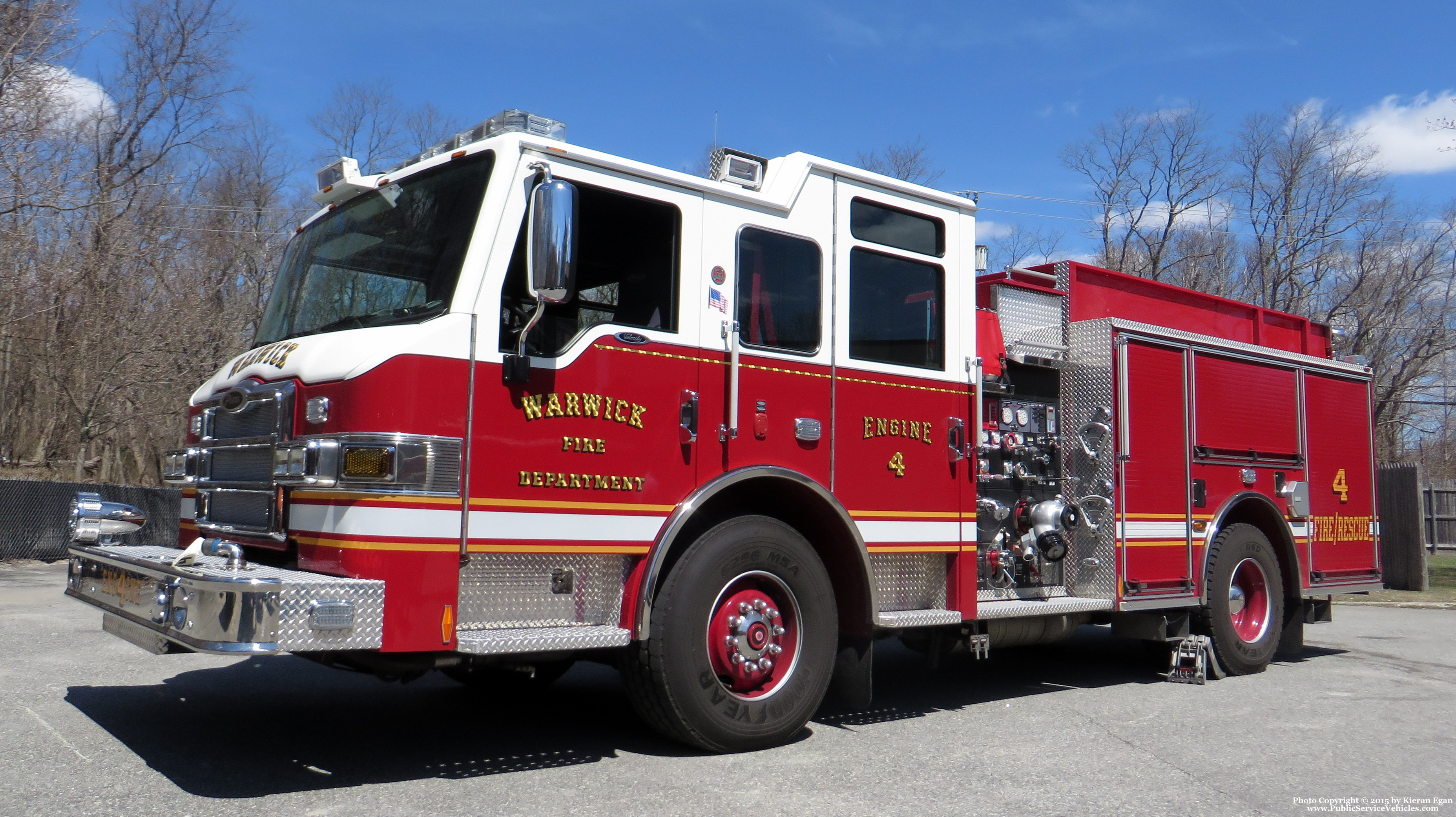 A photo  of Warwick Fire
            Engine 4, a 2013 Pierce Velocity             taken by Kieran Egan