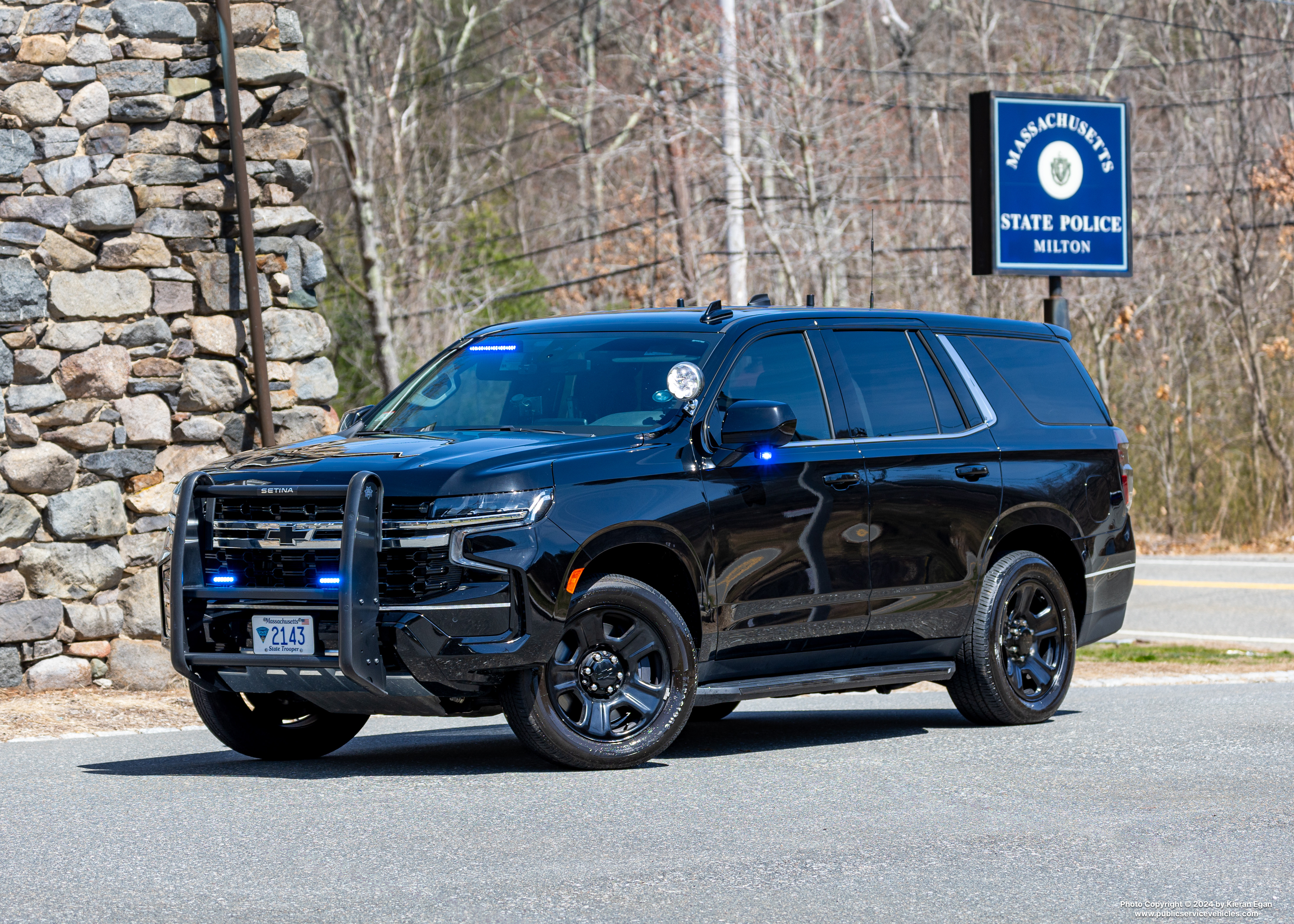 A photo  of Massachusetts State Police
            Cruiser 2143, a 2022 Chevrolet Tahoe             taken by Kieran Egan