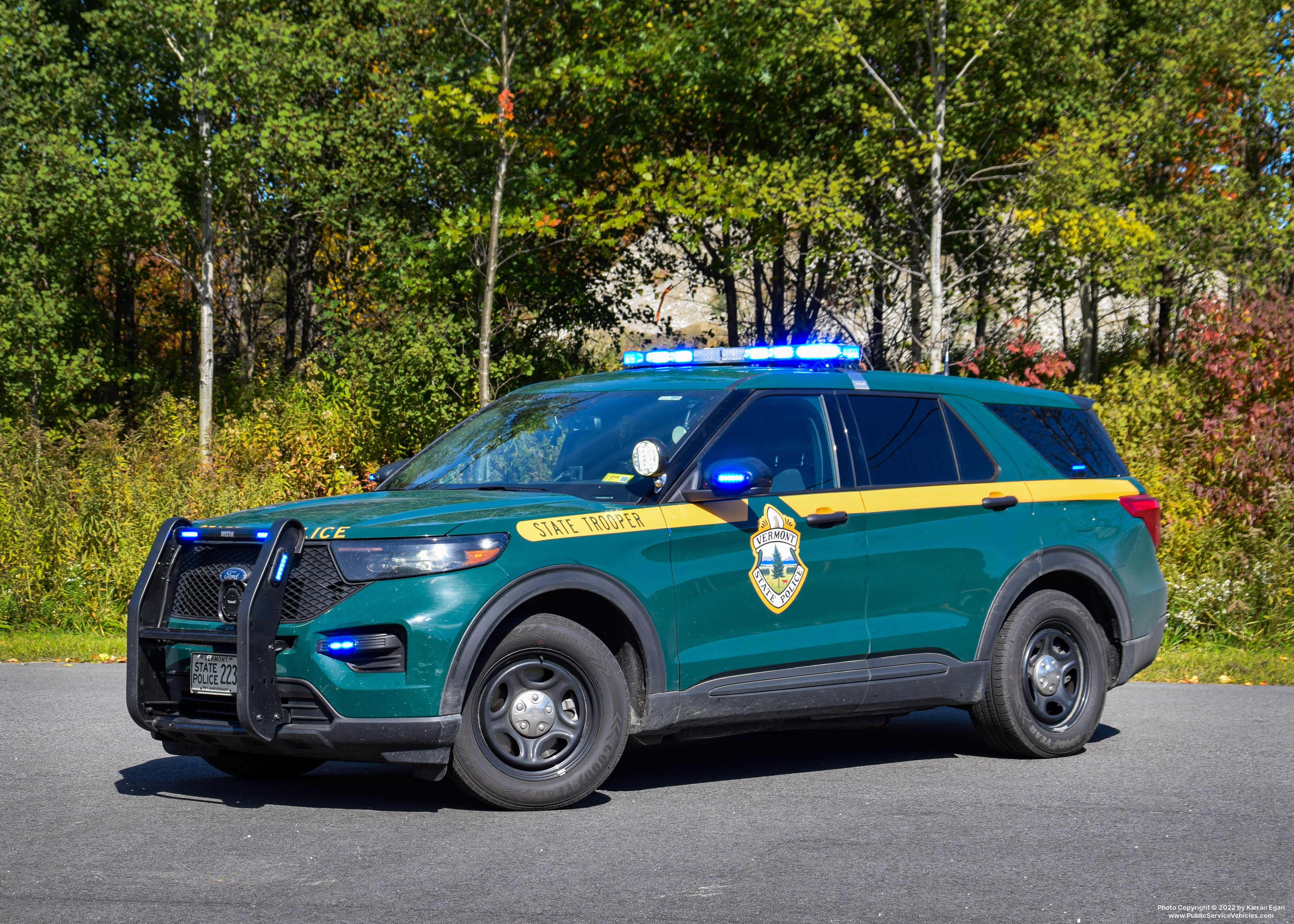 A photo  of Vermont State Police
            Cruiser 223, a 2020-2021 Ford Police Interceptor Utility             taken by Kieran Egan