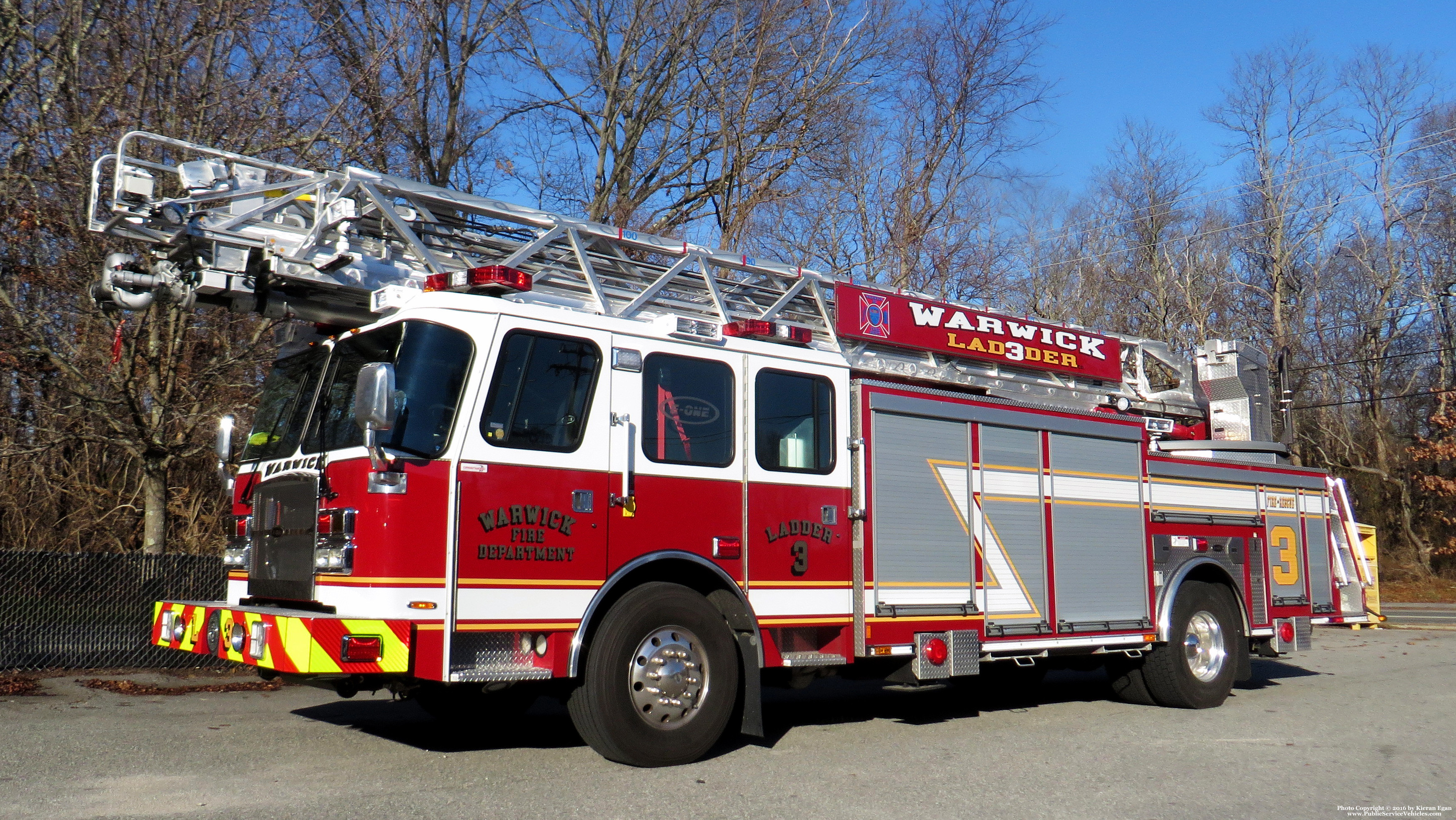 A photo  of Warwick Fire
            Ladder 3, a 2015 E-One Cyclone II Metro             taken by Kieran Egan