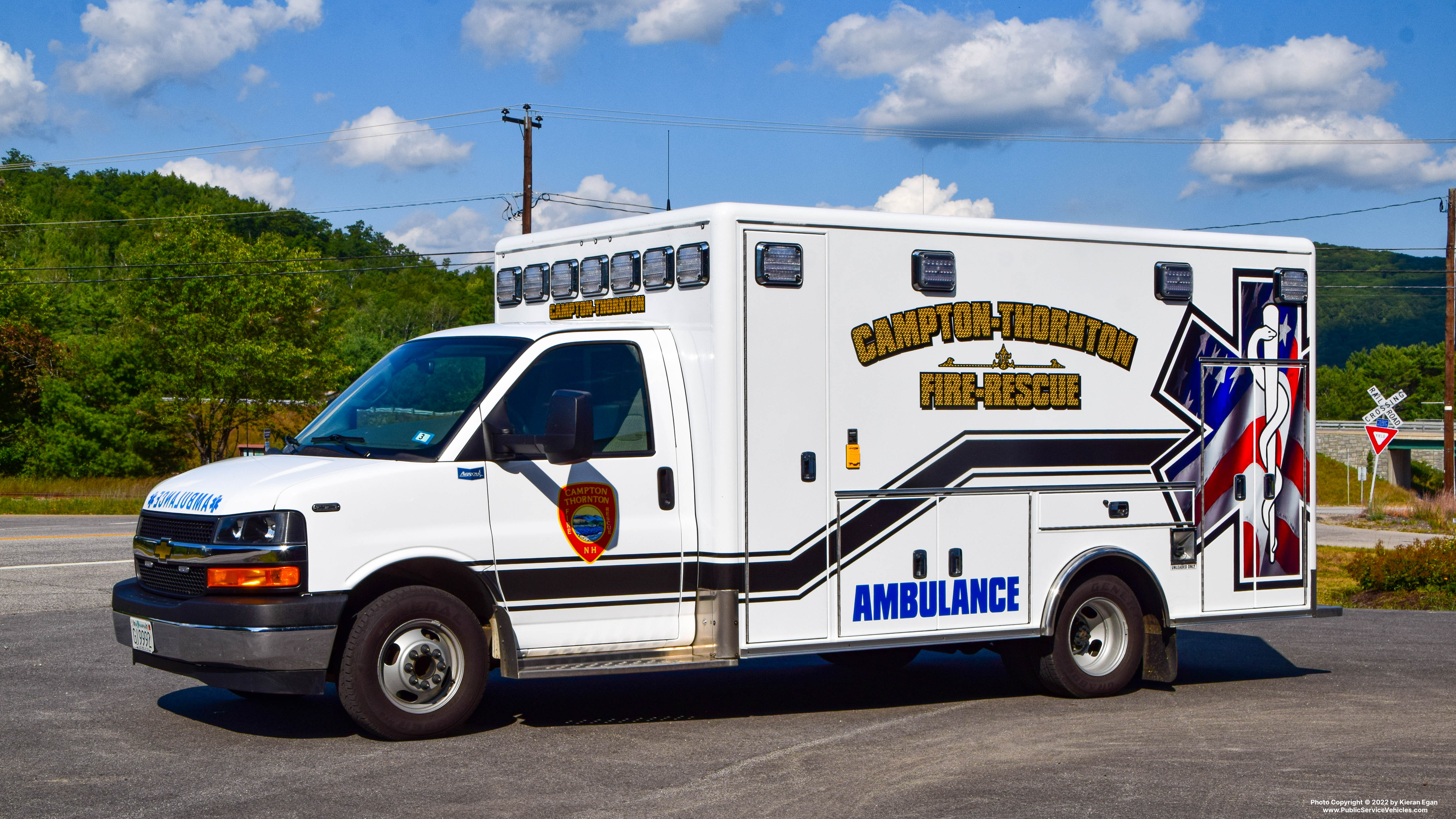 A photo  of Campton-Thornton Fire
            35 Ambulance 1, a 2019 Chevrolet G4500             taken by Kieran Egan