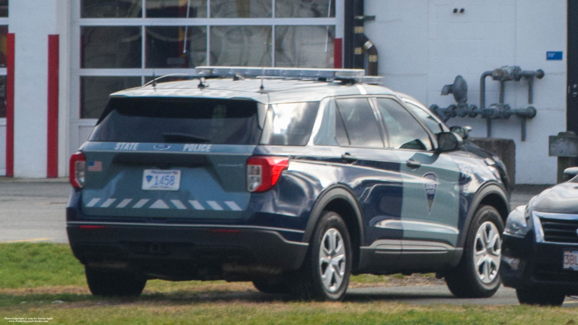 A photo  of Massachusetts State Police
            Cruiser 1458, a 2020 Ford Police Interceptor Utility Hybrid             taken by Kieran Egan