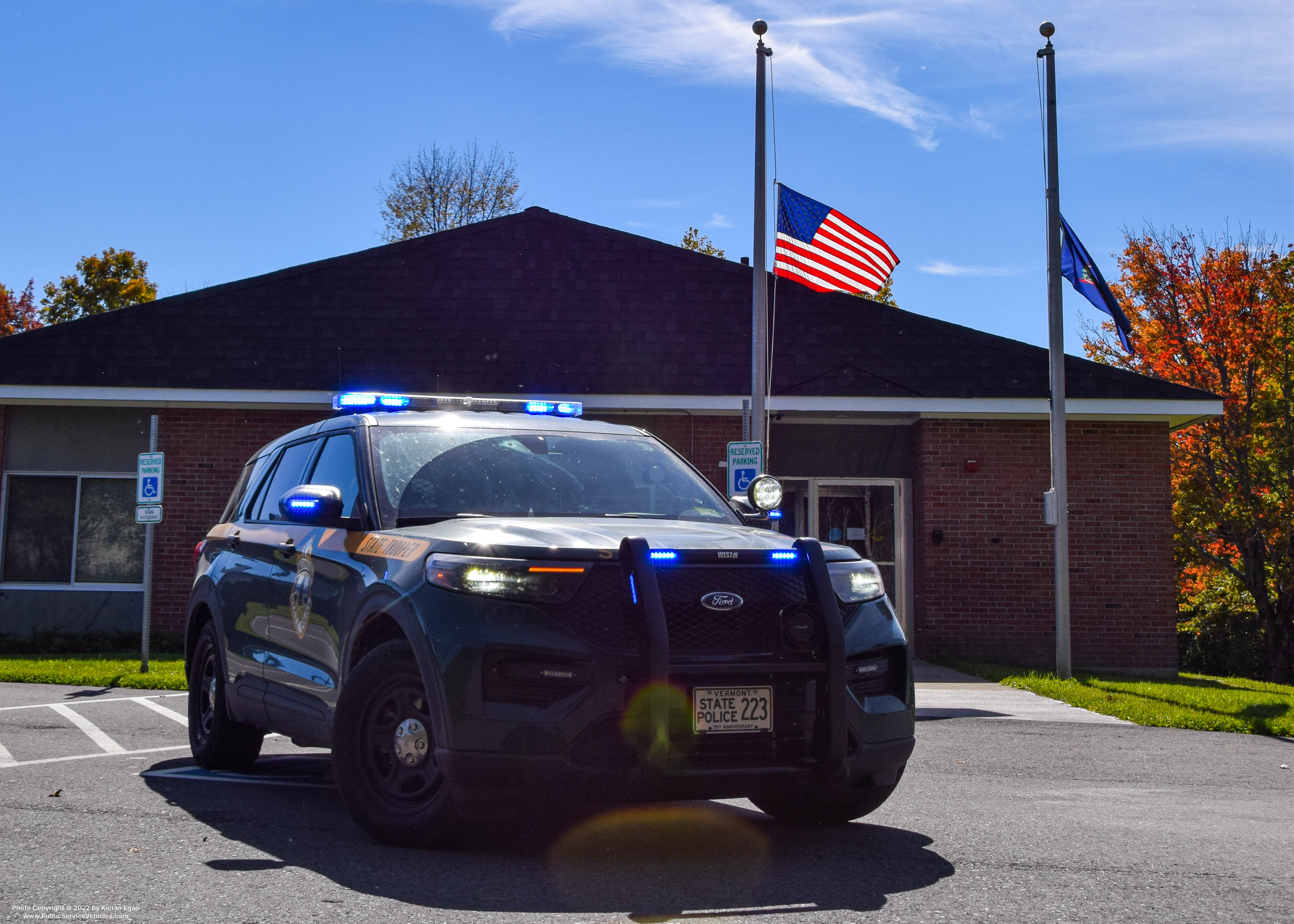 A photo  of Vermont State Police
            Cruiser 223, a 2020-2021 Ford Police Interceptor Utility             taken by Kieran Egan