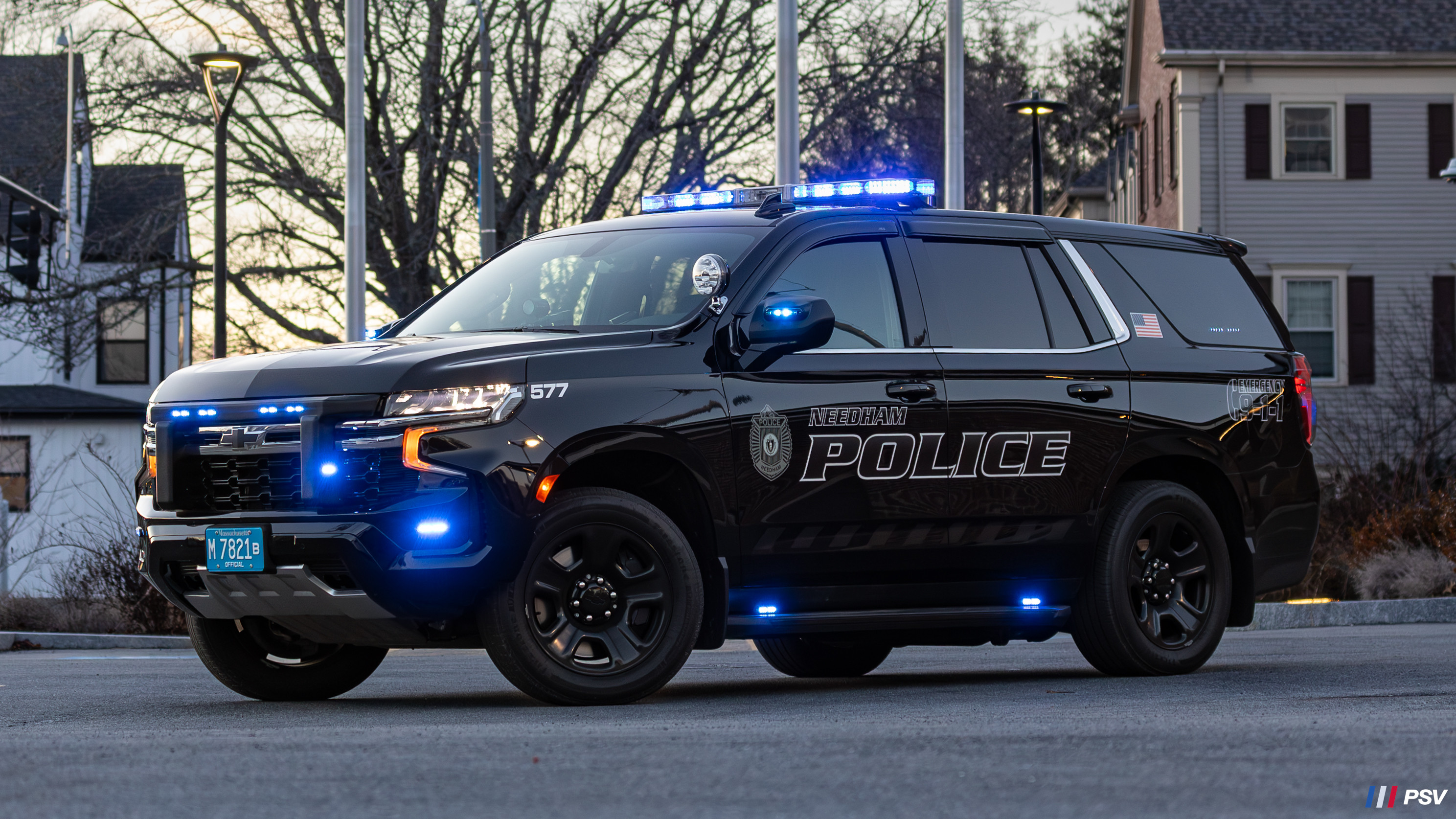 A photo  of Needham Police
            Cruiser 577, a 2023 Chevrolet Tahoe PPV             taken by Kieran Egan