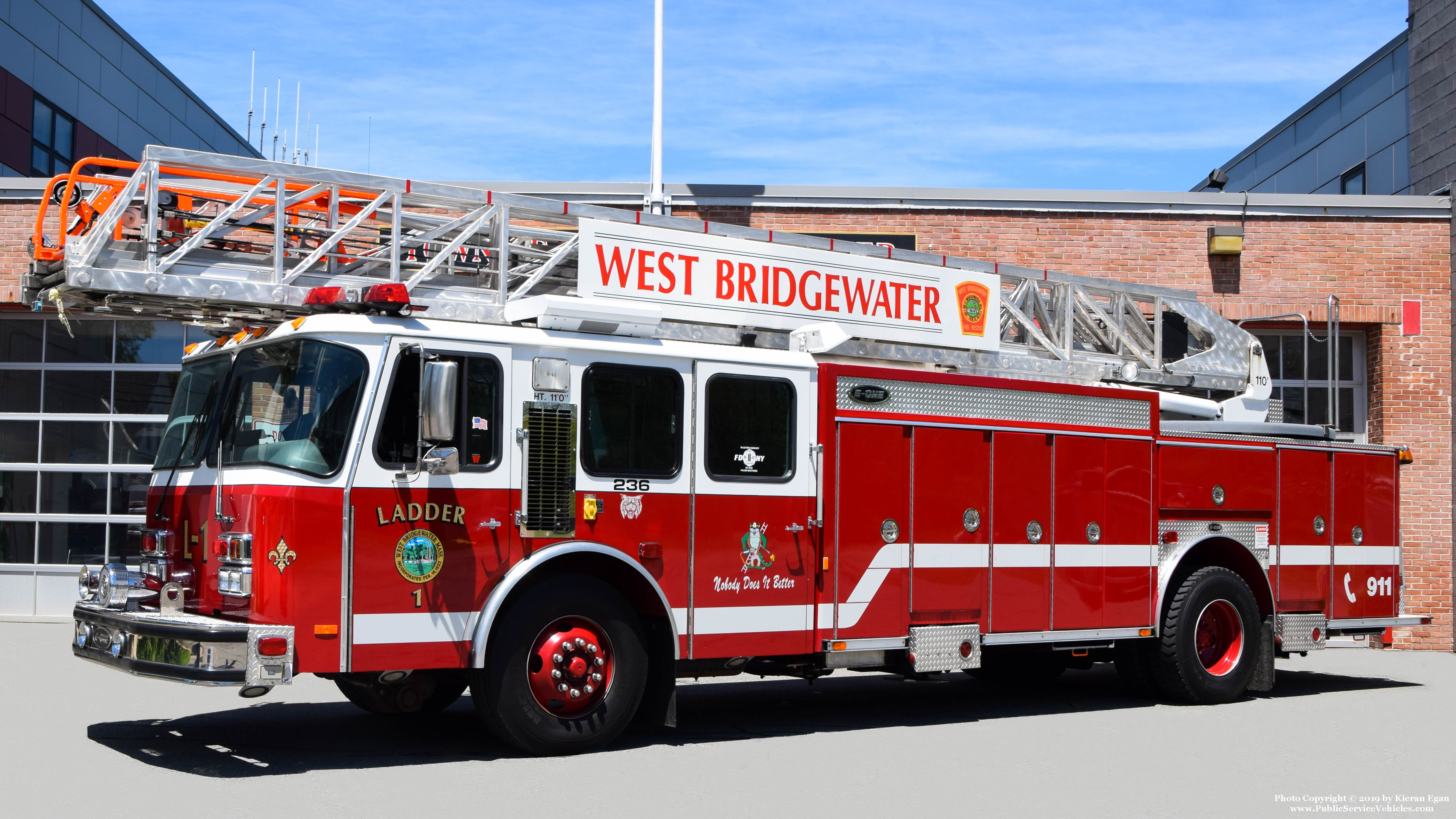 A photo  of West Bridgewater Fire
            Ladder 1, a 1999 E-One             taken by Kieran Egan