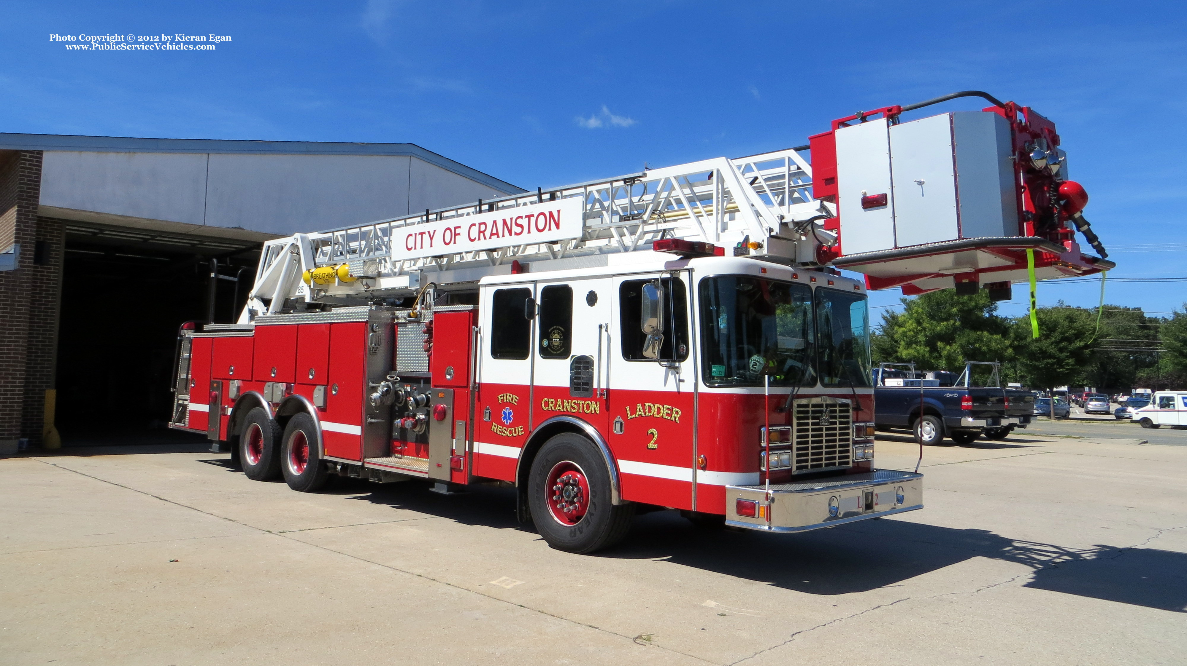 A photo  of Cranston Fire
            Ladder 2, a 2003 HME/Smeal             taken by Kieran Egan