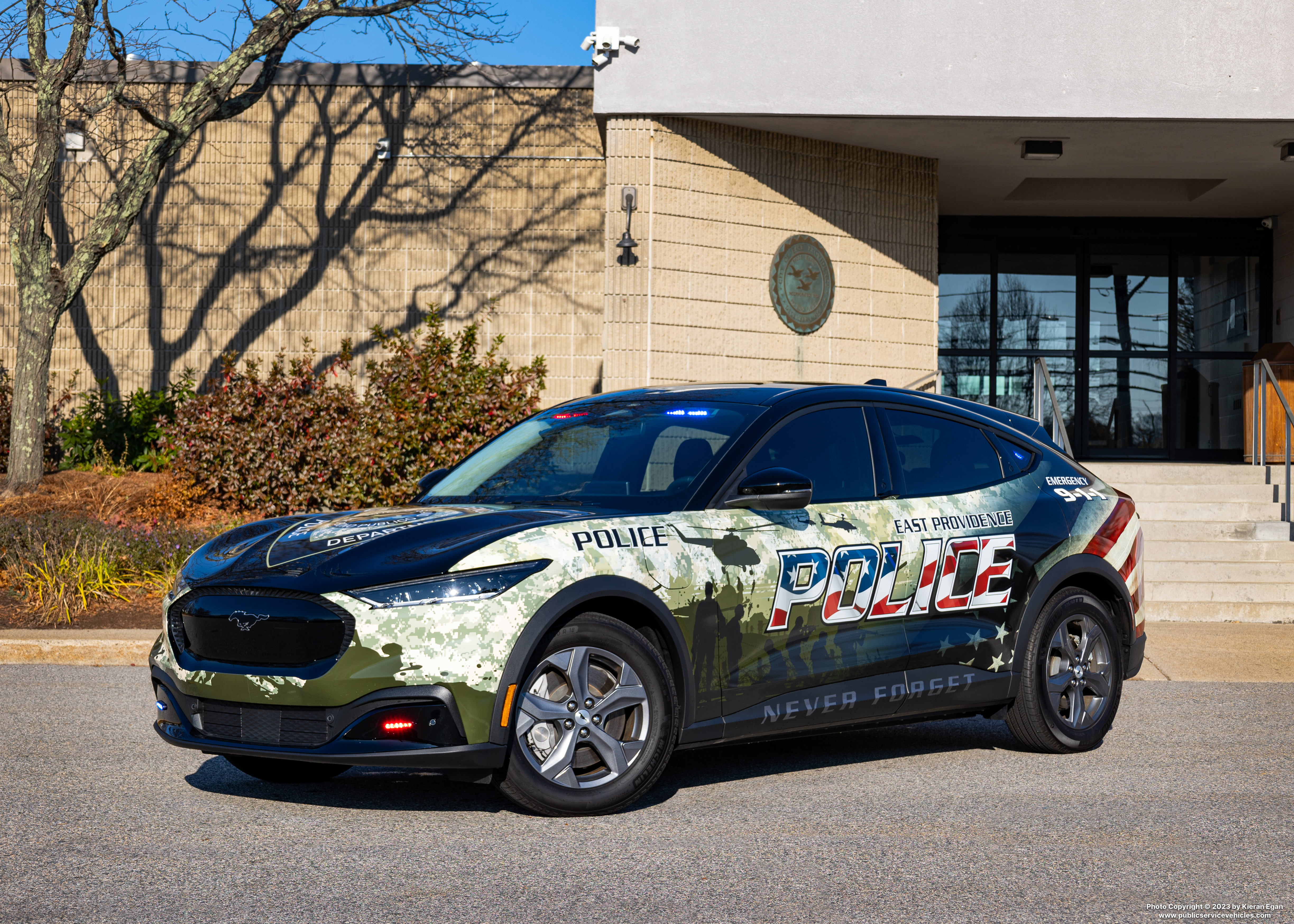 A photo  of East Providence Police
            Veteran's Unit, a 2022 Ford Mustang Mach-E             taken by Kieran Egan