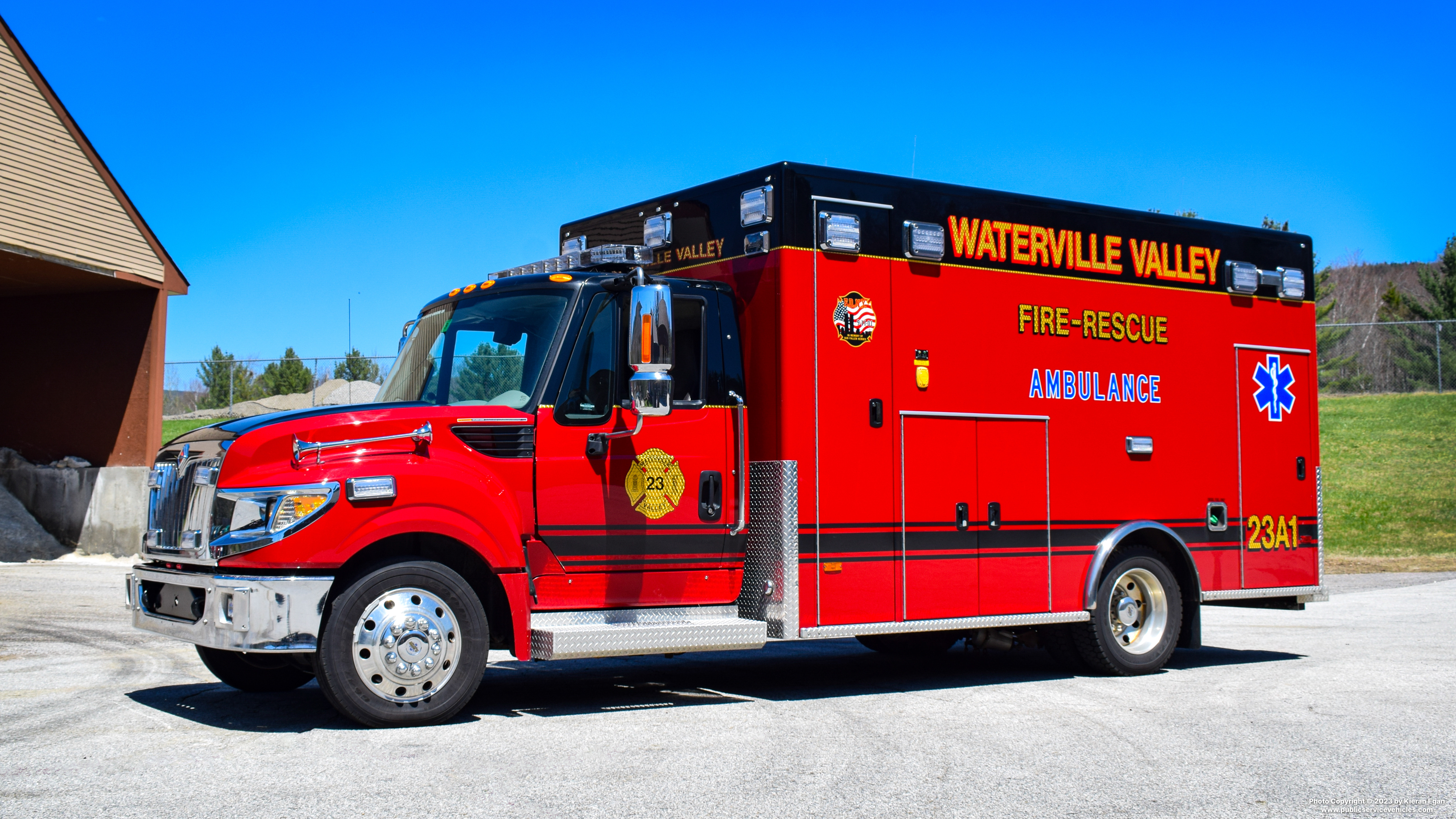 A photo  of Waterville Valley Public Safety
            23 Ambulance 1, a 2014 International TerraStar             taken by Kieran Egan